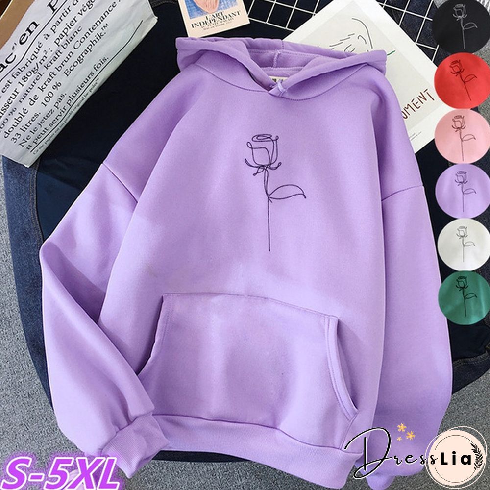 New Fashion Ladies Girls Cute Rose Flower Printed Hoodies Thin Fleece Long Sleeve Casual Pullovers Women Hooded Sweatshirts