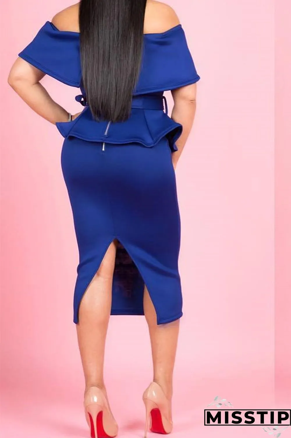 Black casual fashion off the shoulder sleeveless one word collar asymmetrical mid-calf