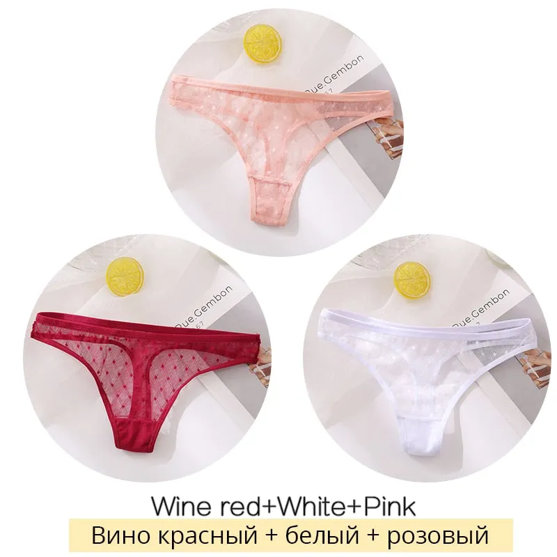 FINETOO Sexy Lace Thongs Women 3Pcs/set Transparent G-string Panties Dots Lace T-back Underwear Fashion Female Underpants M-XL