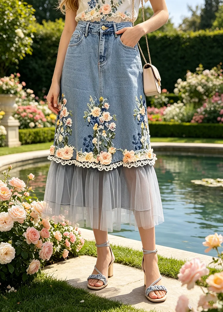 Beautiful Blue Flower Patchwork Tulle Denim Skirts Fall