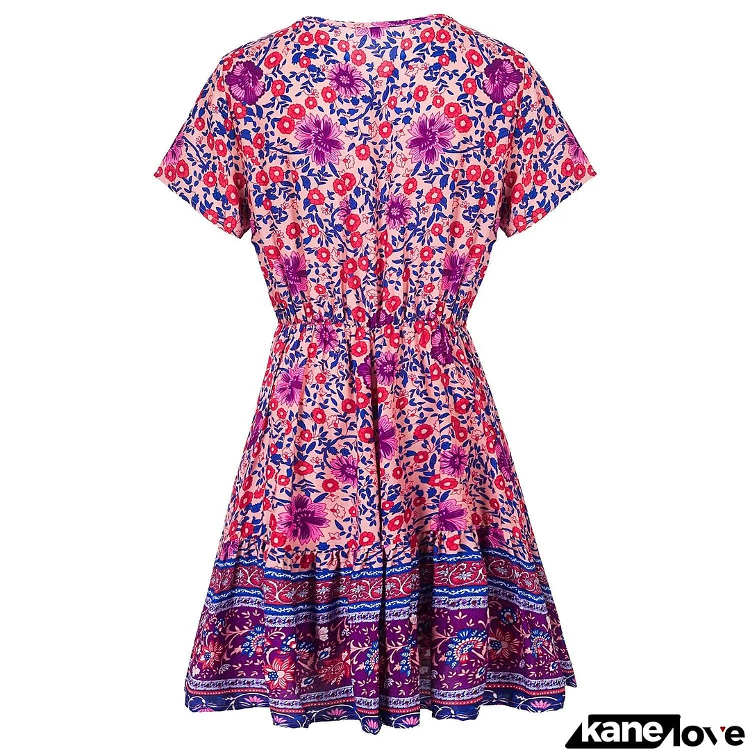 Deep V-Neck Flounce Patchwork Bohemian Skater Dresses