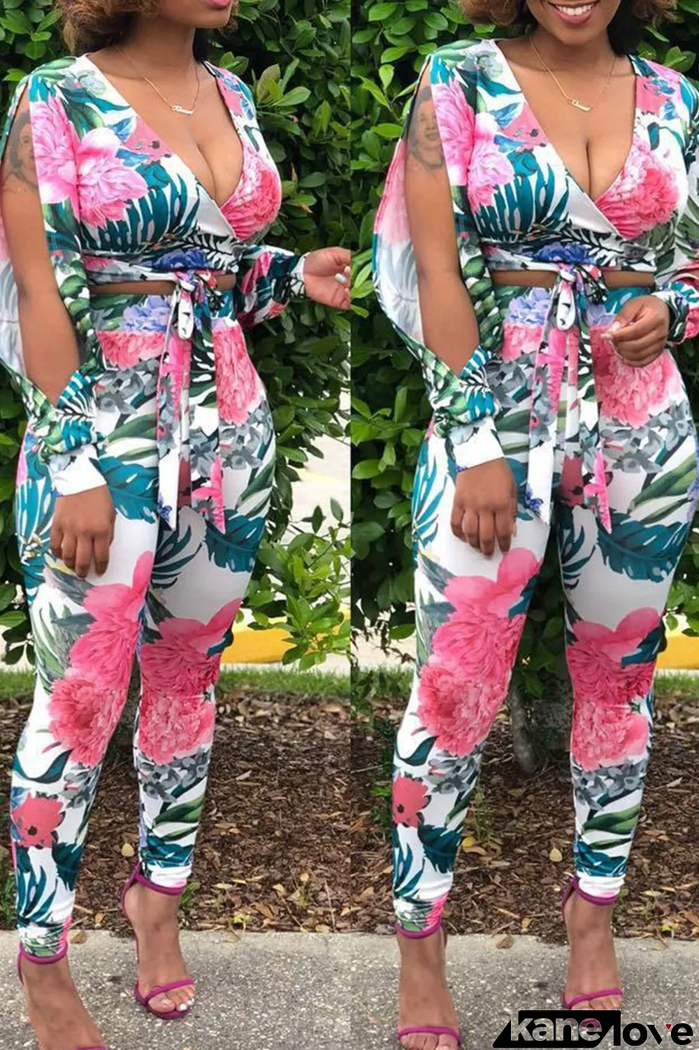 White Sexy Print Split Joint V Neck Three Quarter Two Pieces