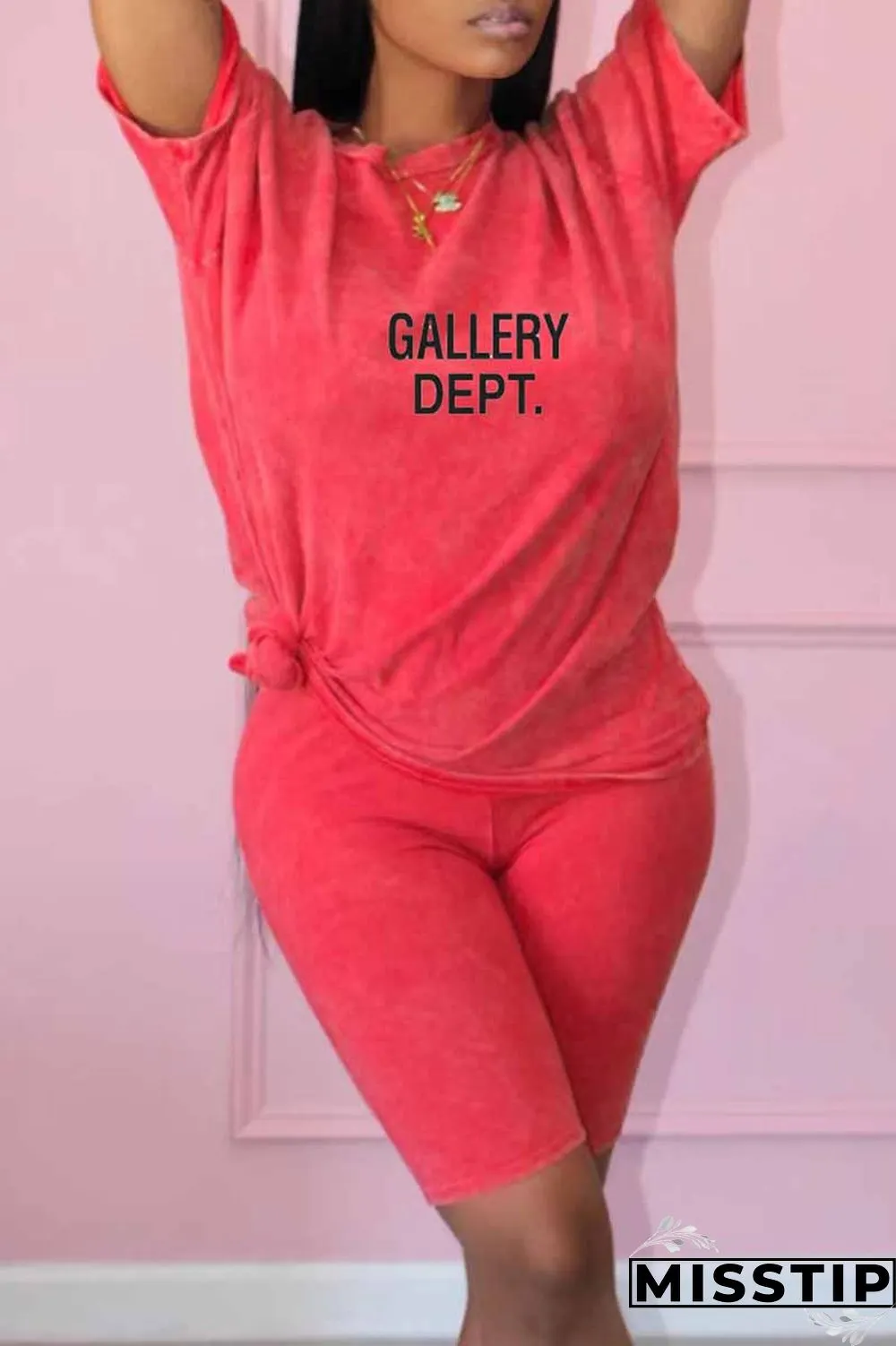 Black Casual Print Letter O Neck Short Sleeve Two Pieces
