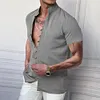 Camicia da uomo a maniche corte in cotone e lino con collo alto e bottoni