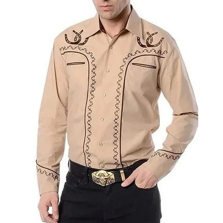 Men's Vintage Western Ethnic Print Lapel Long Sleeve Shirt