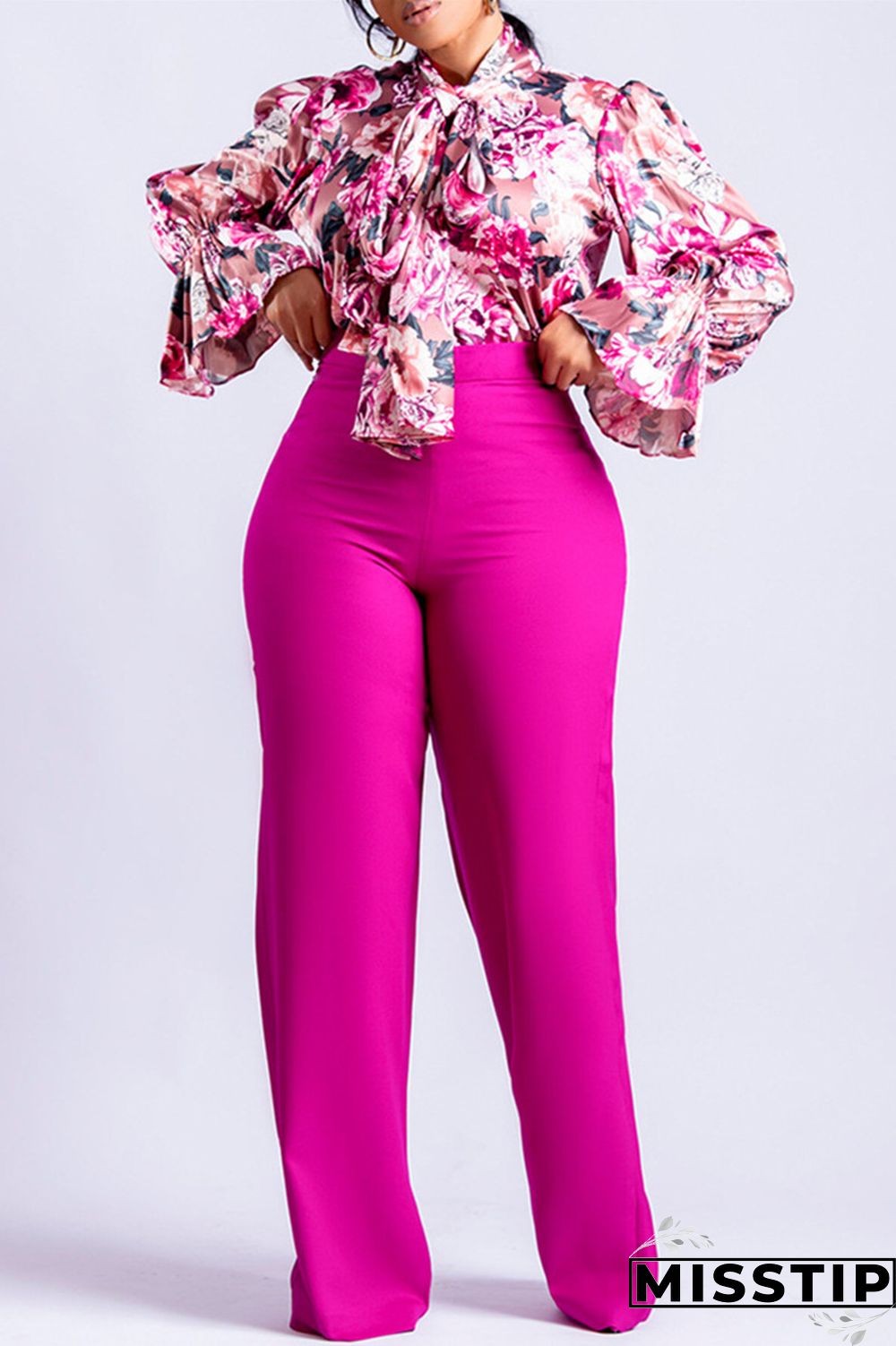 Rose Red Casual Print Patchwork O Neck Long Sleeve Two Pieces