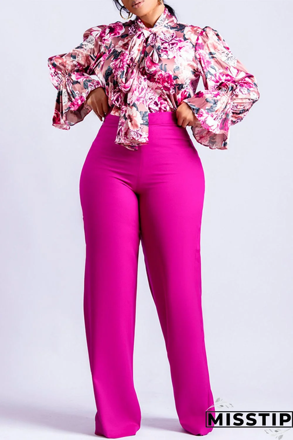 Rose Red Casual Print Patchwork O Neck Long Sleeve Two Pieces