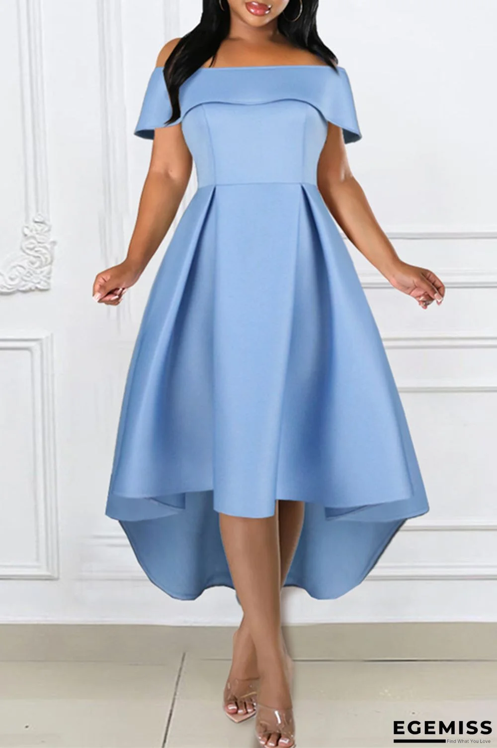 Sky Blue Fashion Sexy Solid Patchwork Backless Off the Shoulder Evening Dress | EGEMISS