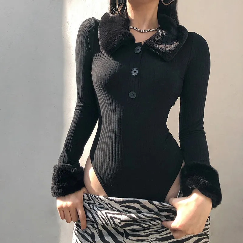 HEYounGIRL Black Furry Collar Autumn Knitted Bodysuit Women Elegant Chic Long Sleeve Bodycon Short Jumpsuit Ladies Casual Winter