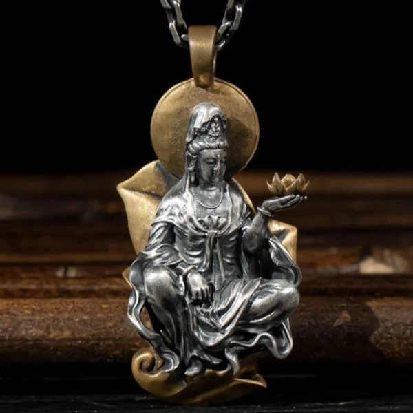 Sterling Silver Guan Yin Bodhisattva Lotus Buddha Pendant Necklace