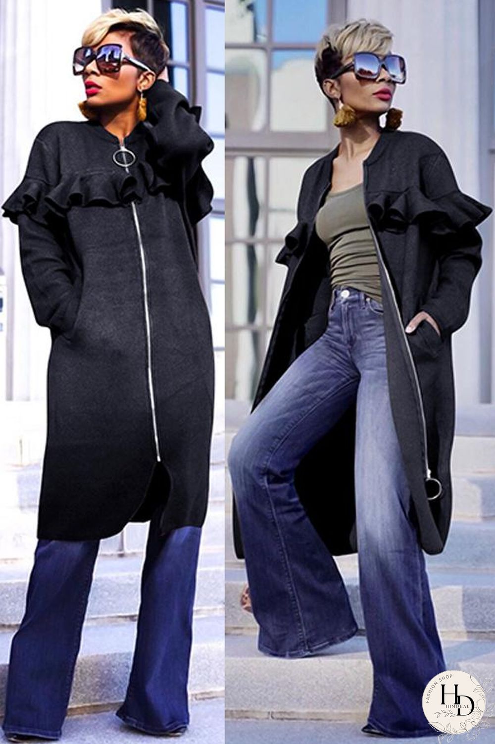 Yellow O Neck Zippered Patchwork Stringy selvedge Solid Pure Long Sleeve Coats & Cardigan