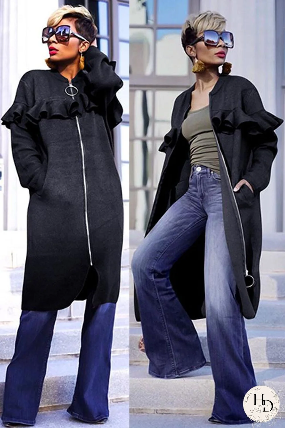 Yellow O Neck Zippered Patchwork Stringy selvedge Solid Pure Long Sleeve Coats & Cardigan