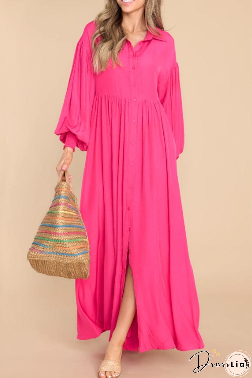 Elegant Rose Balloon Sleeve Maxi Shirt Dress