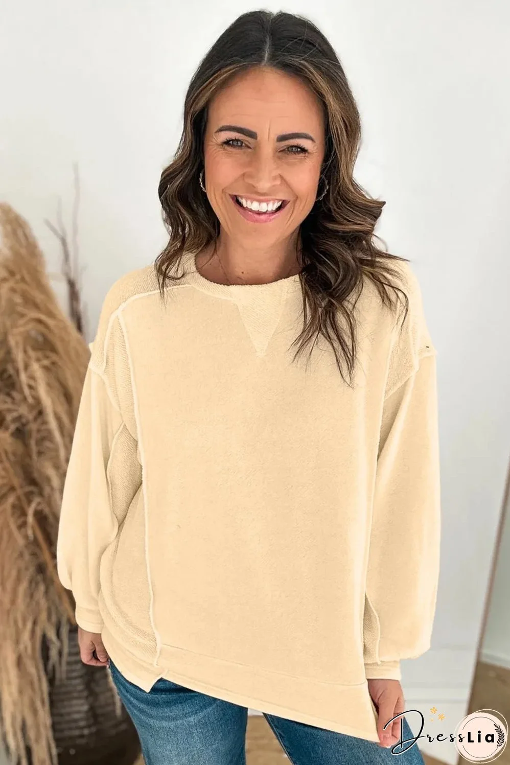 Beige Splicing Round Neck Pullover Sweatshirt