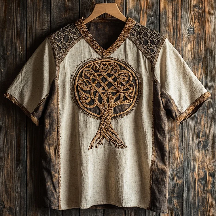 Men's Viking Celtic Knot Tree Of Life Art V-neck Linen Shirt