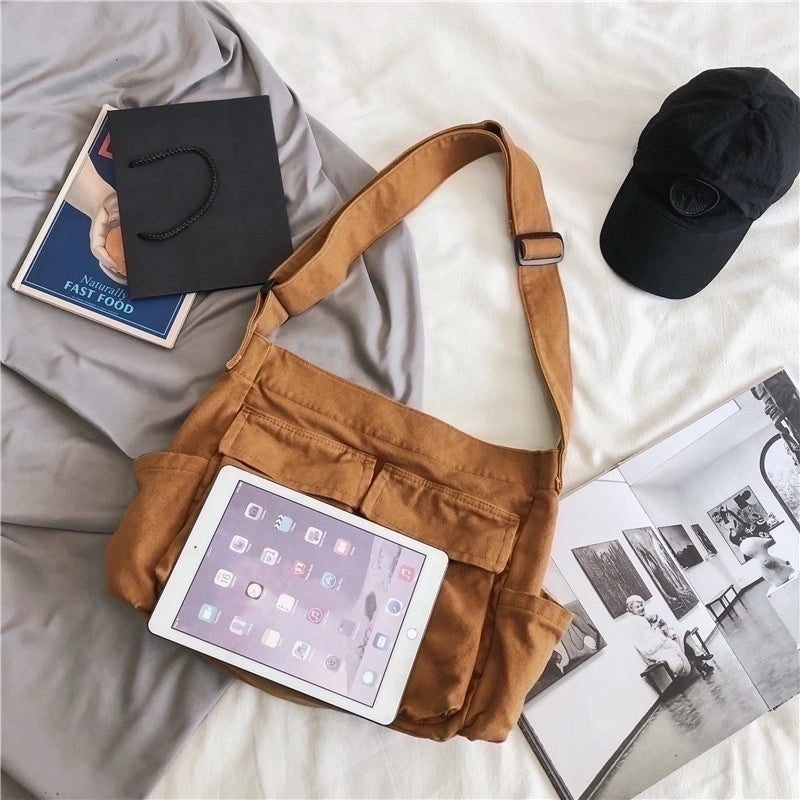 Unisex Canvas Solid Color Streetwear Square Zipper Shoulder Bag