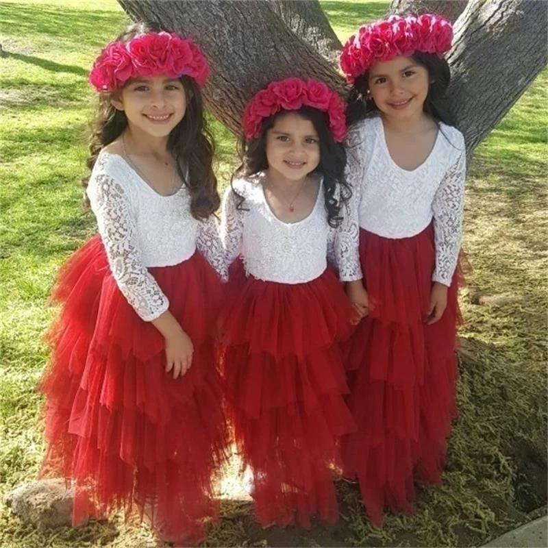 2021 Summer Autumn Girls Princess Dress Lace Party Dress Back Hallow Out Kids Vintage Vestido Flower Children Clothes 3 to 8 yrs