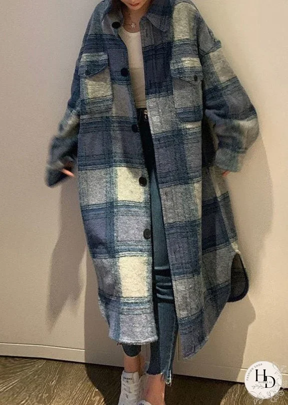 Plus Size Blue Peter Pan Collar Pockets Plaid Woolen Long Coats Fall