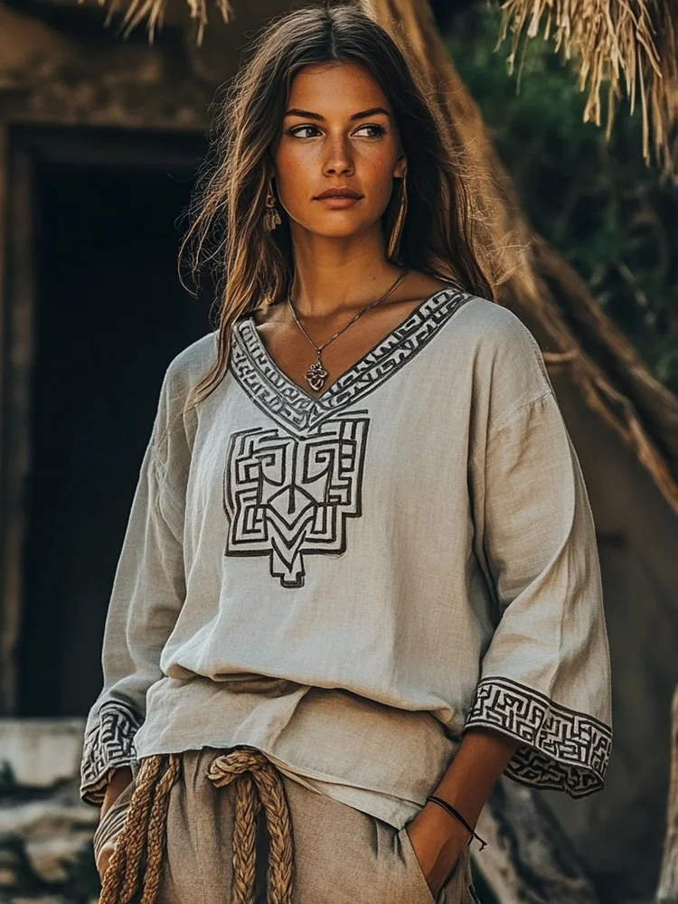 Vintage Greek Key Motif Cretan Embroidery Linen Blend V-neck T-shirt