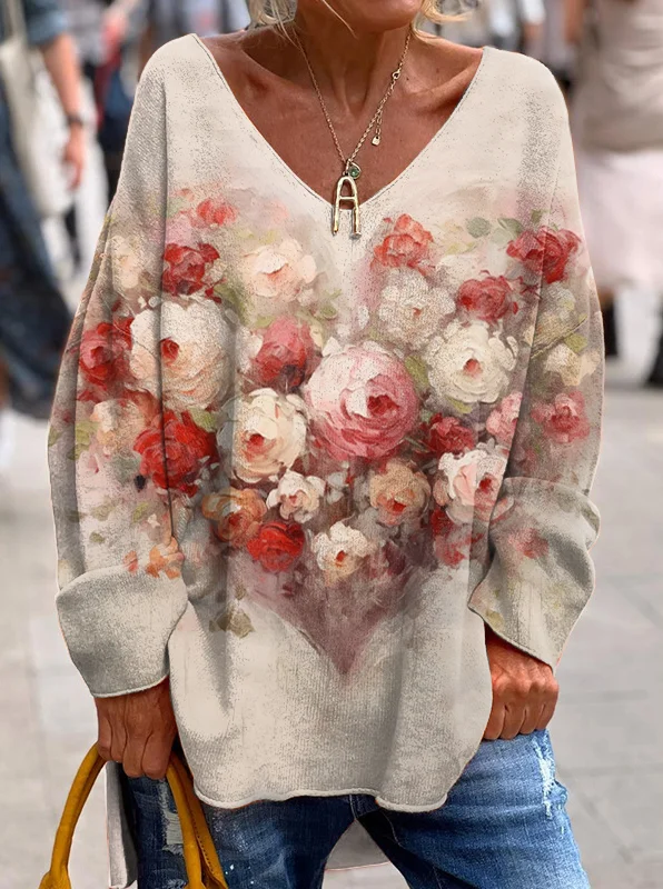 Vintage Floral Heart Art V-neck Long-sleeved Top