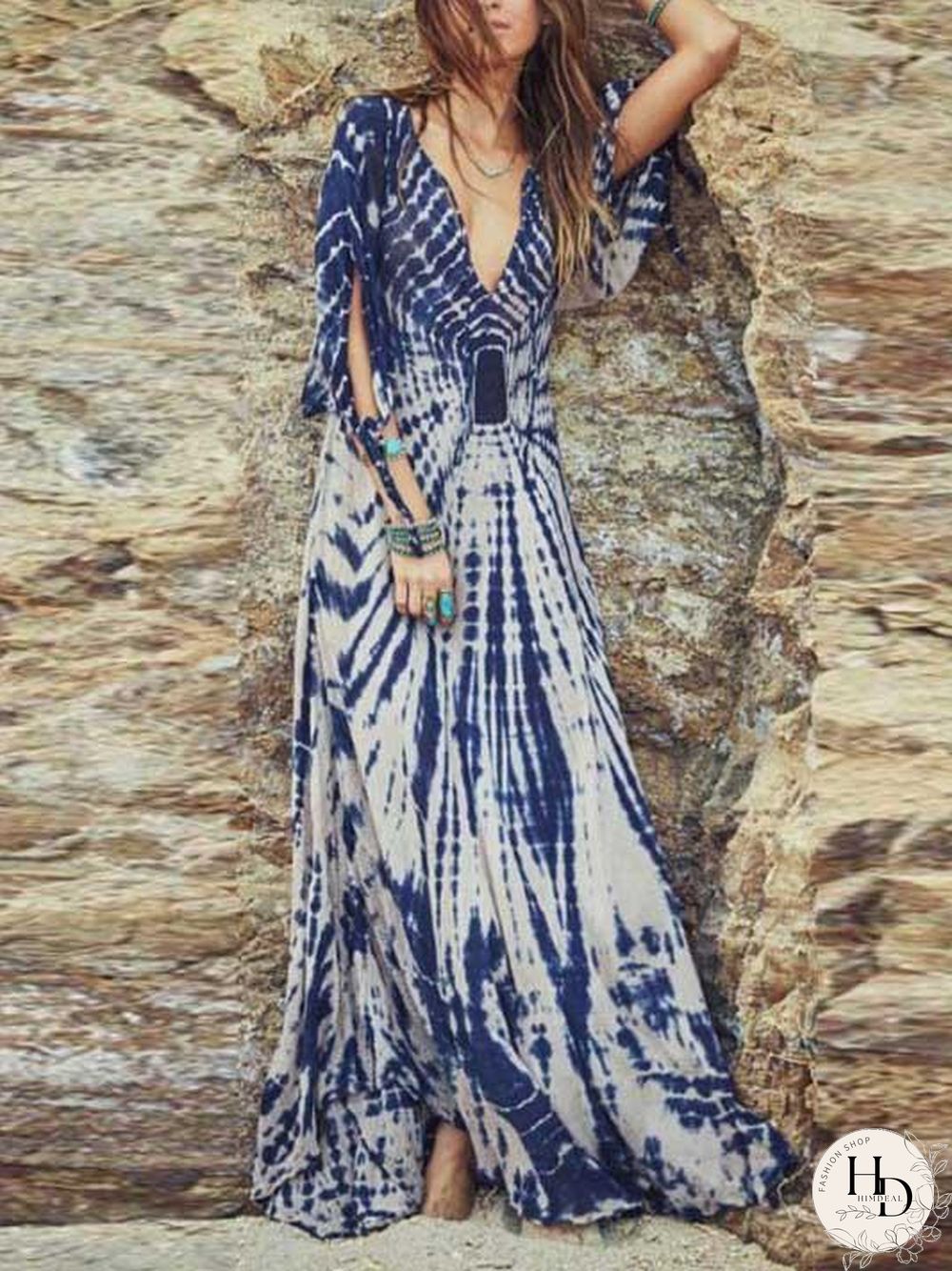 Deep V-Neck Dress With Gathered Waist And Lotus Sleeves