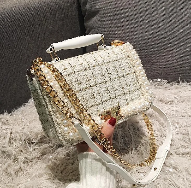 2021 Fashion New Female Square Tote bag Quality Woolen Pearl Women's Designer Handbag Ladies Chain Shoulder Crossbody Bag Travel