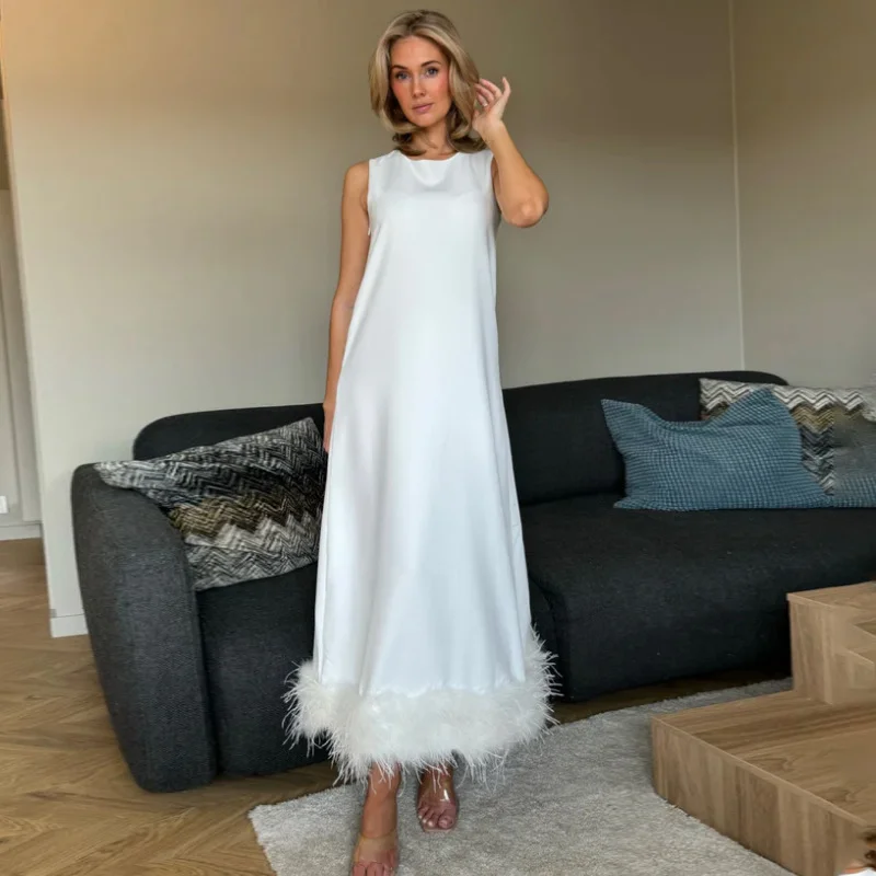 Brownm Spring 2025 New Fashion Temperament Round Neckless Loose Loose Solid Color Feather Splicing Design Long Dress