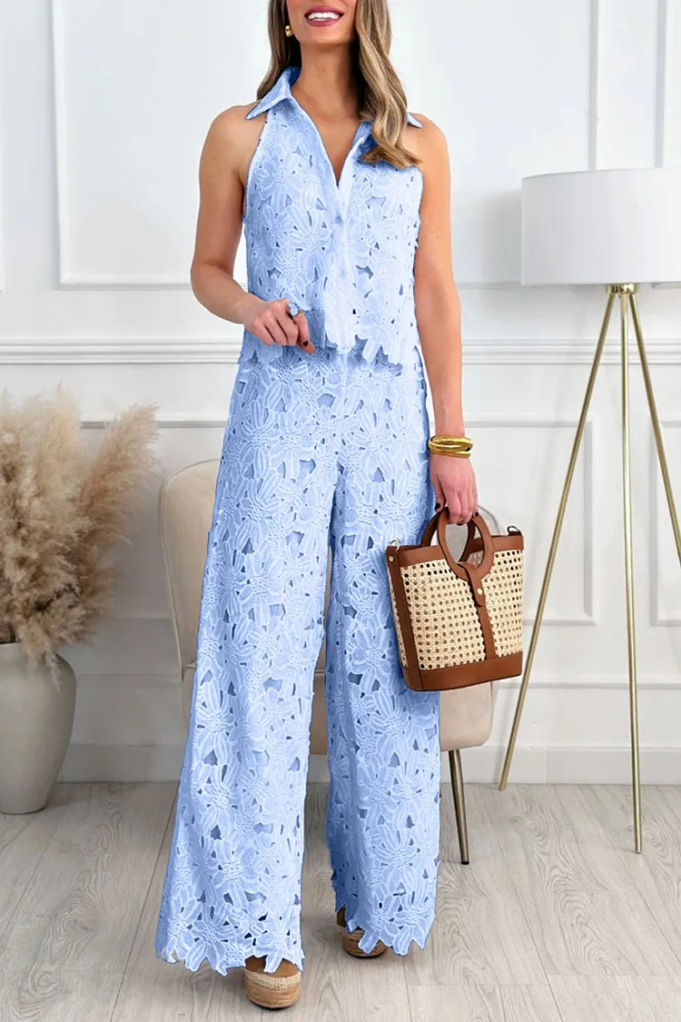Lapel Hollow Out Lace Vest Pants Set