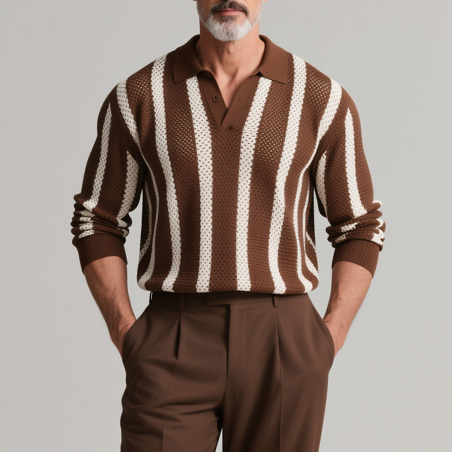 Men's Two Tone Striped Knit Hollow Out Long Sleeve Half Button Polo Shirt