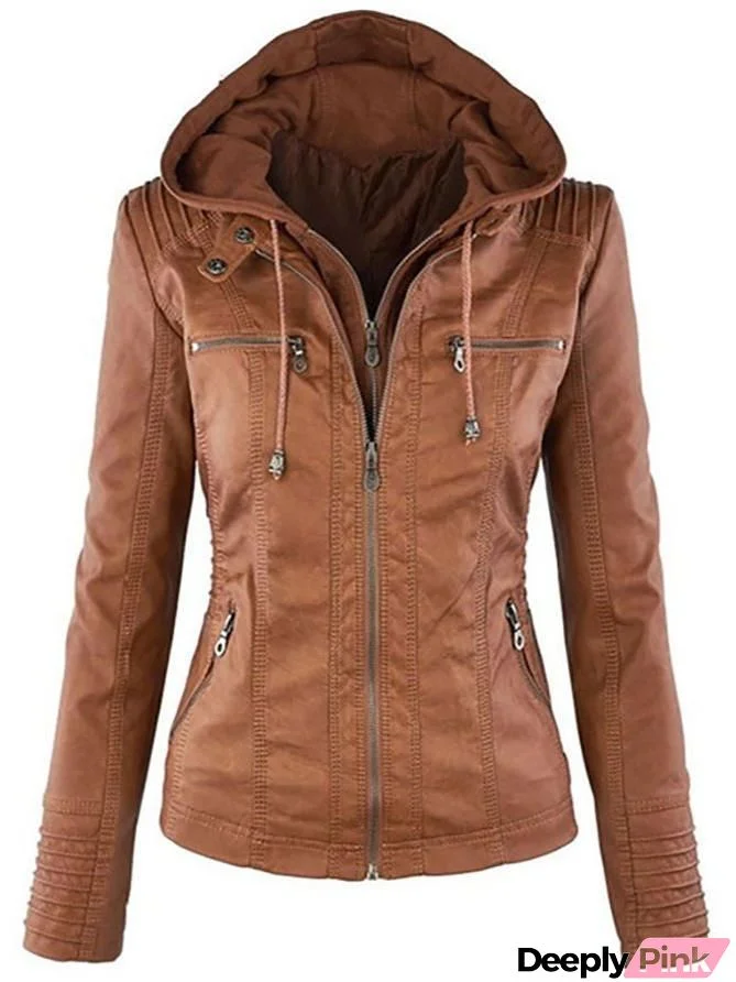 Detachable Lapel Long Sleeve Zipper Female Leather Jacket