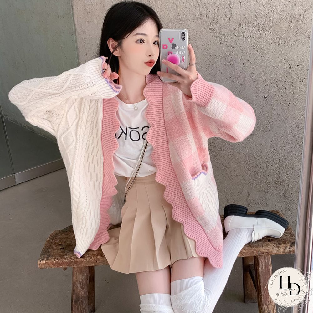 Lattice Print Colorblock Pocket Loose Cardigan Sweater