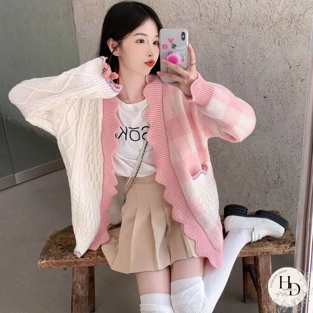 Lattice Print Colorblock Pocket Loose Cardigan Sweater
