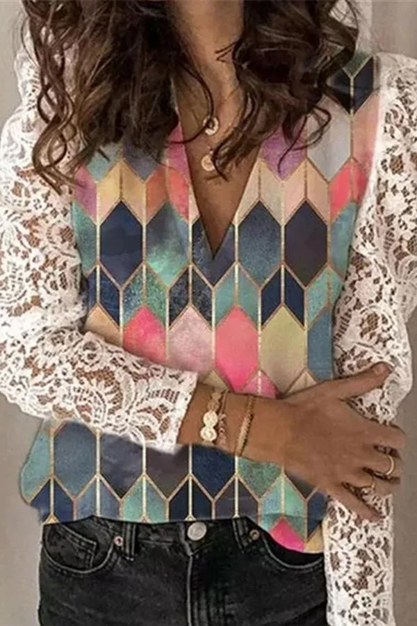 Womens Romantic Splicing Lace V-neck Long-sleeve Print-Allyzone-Allyzone