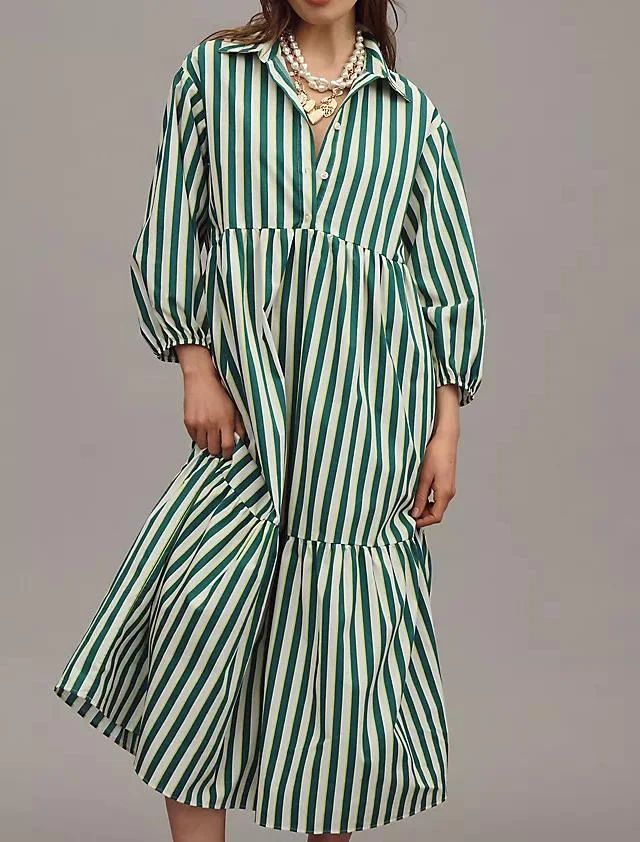 NEW🔥 Lapel Striped Layered Shirt Dress
