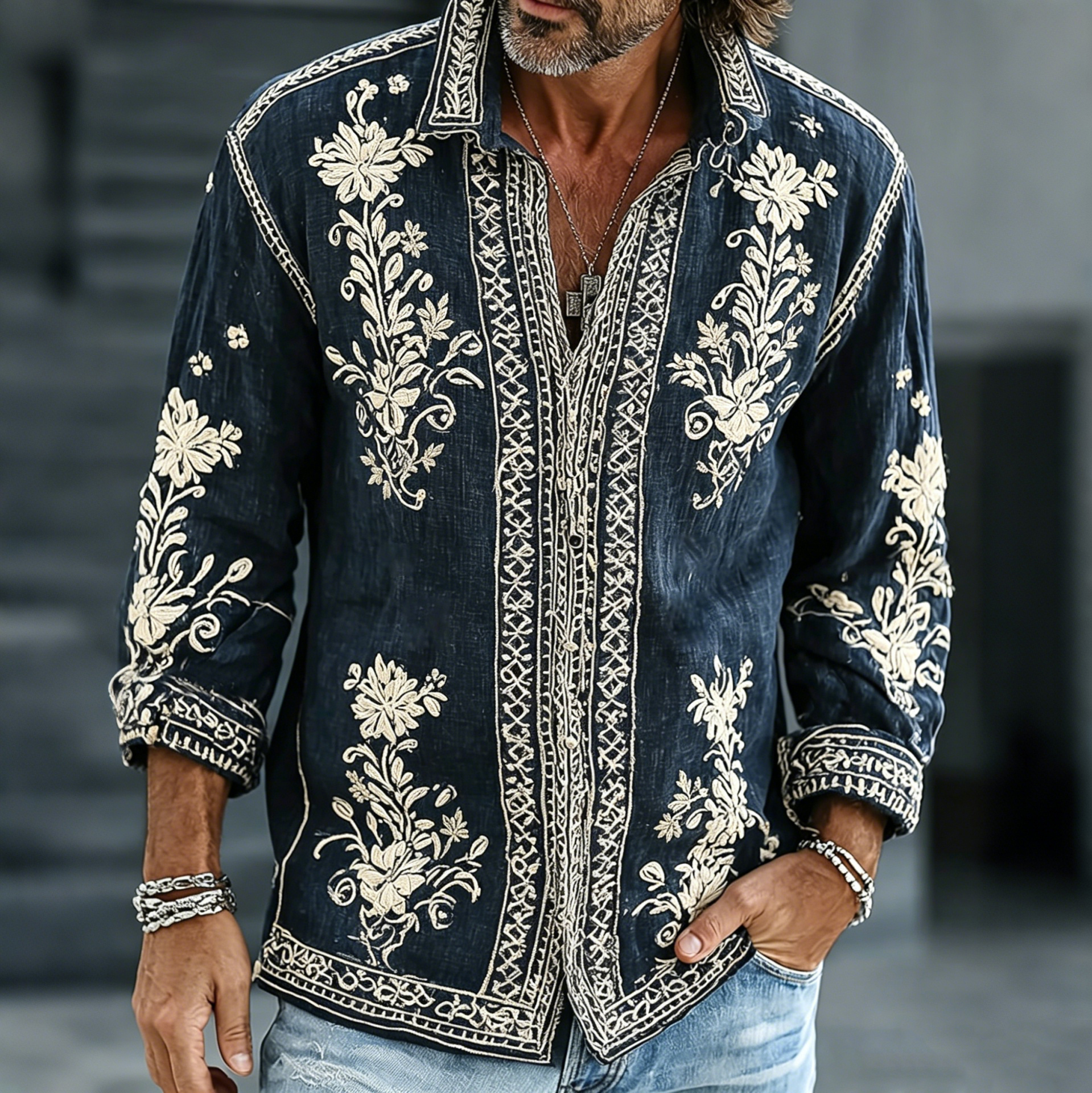 Comstylish Men's Retro Floral Art Print Flowy Linen Blend Casual Shirt
