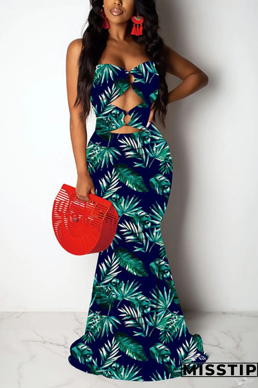 Navy Blue Fashion Sexy Off The Shoulder Sleeveless Wrapped chest Asymmetrical Floor-Length Patchwork