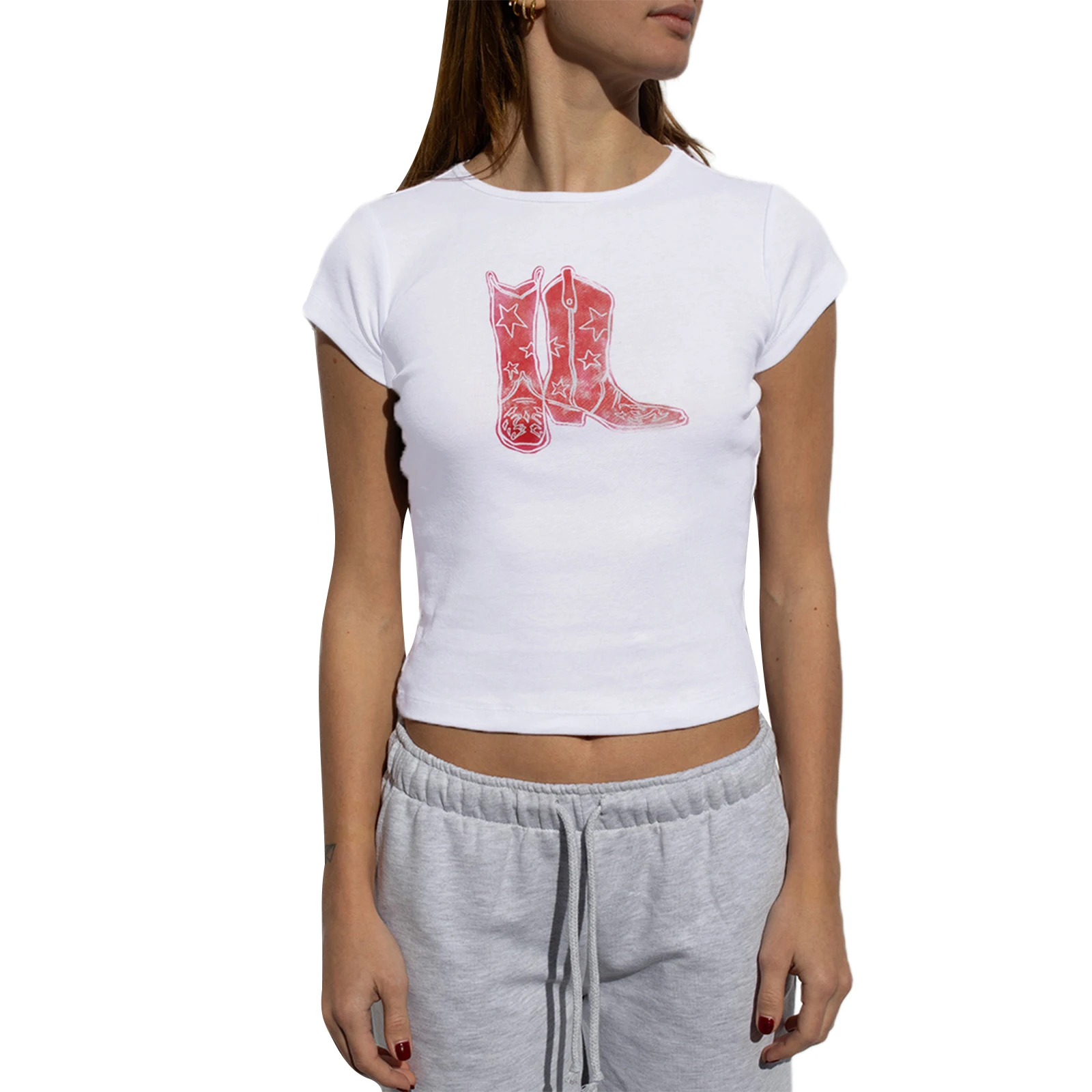 Crbang buisness casual women outfits chic Combhsaki Women's Y2K Aesthetic Short Sleeve T-Shirts Strawberry/Boots Print Round Neck Summer Casual Slim Fit Tops Streetwear