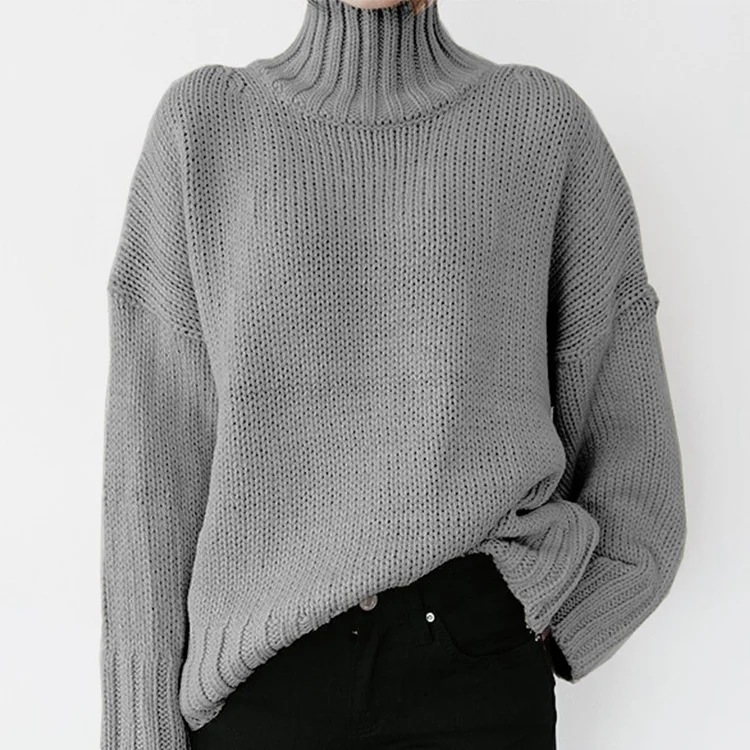 Retro Long Sleeve Solid Color Turtleneck Pullover Sweater