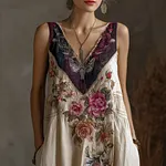 Bohemian Style Plant Flower And Butterfly Embroidery Pattern Women's Cotton And Linen Sleeveless V-neck Dress - Image 2