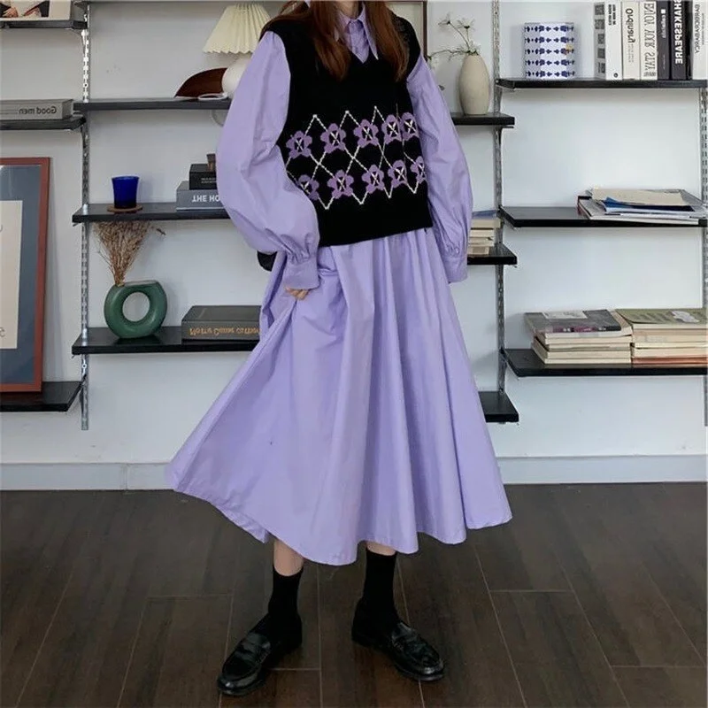 Women Sets Printed V-neck Vests High Waist Loose Turn-down Collar Single Breasted Mid-calf Purple Dress Sweet Student Lovely Ins