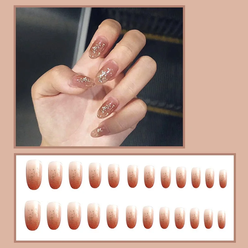 24PCS Nude Color Fake Nails With Black Grids Press On False Detachable Full Cover Artificial Tips Nail Art DIY Manicure No Glue-Nail Inspo