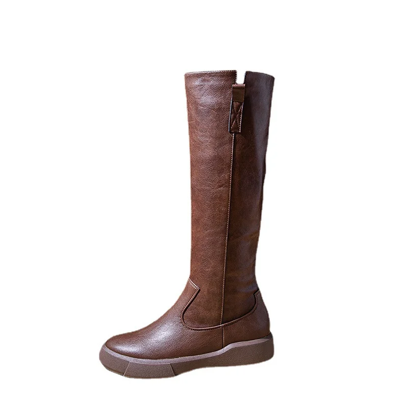 Wongn Wongn And Winter High Tube Tide Boots Women British Wind Flat Boots Middle Boots Versatile Single Boots Long Tube Knight Leather Boots Martin Boots