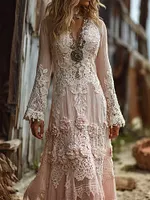 Vintage Boho Roses Lace Art Linen Maxi Dress