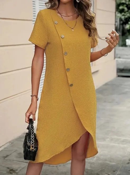 Stylish Solid Color Round Neck Elegant Midi Dress