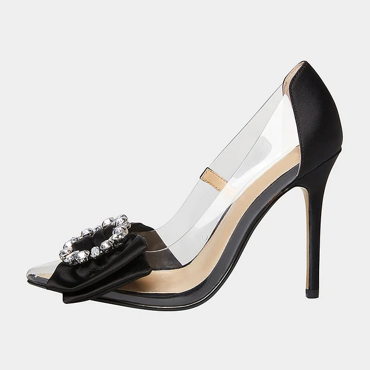 Black Pointy Stiletto Heels Elegant Rhinestones Shoes Clear Pumps |FSJ Shoes