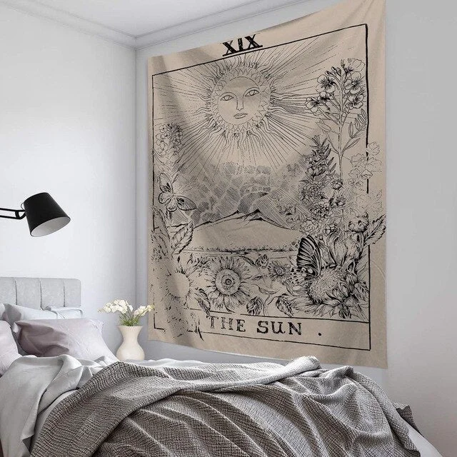 Tarot Sun moon Tapestry Watercolor Wall Hanging The Moon Wall Tapestries Black and White Bohemian Wallpaper The Star Wall Decor
