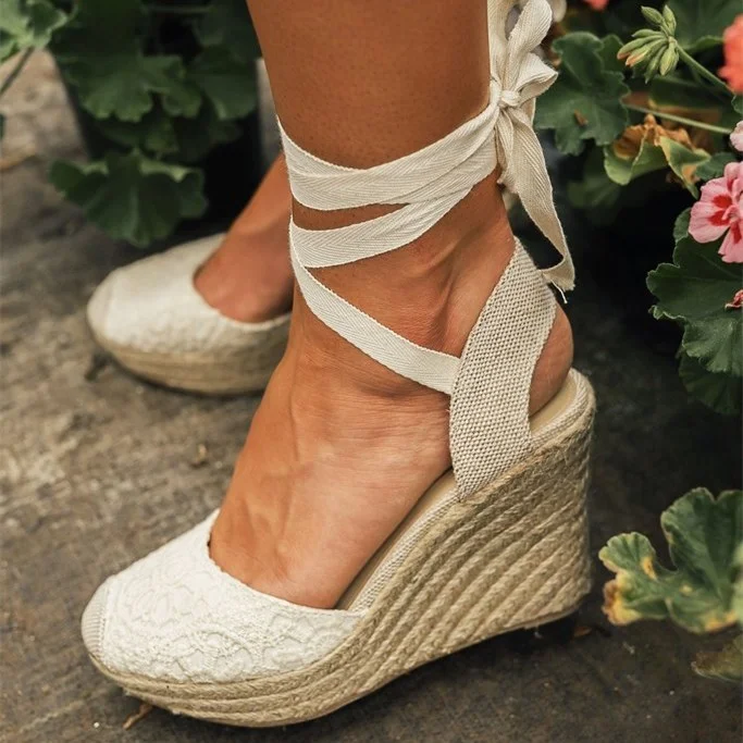 White Canvas Lace Strappy Platform Wedge Heels Sandals |FSJ Shoes