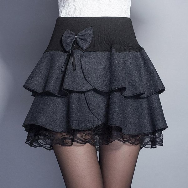 Women Winter Woolen Lace Pleated Skirts Casual Stretchy High Waist A Line Flared Mini Skirt - Life is Beautiful for You - SheChoic