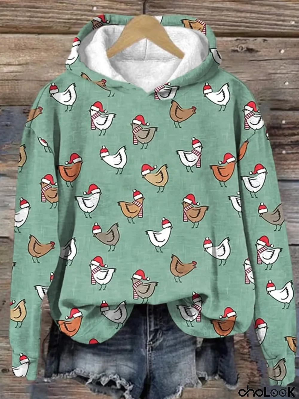 Chickens In Santa Hat Print Hoodie