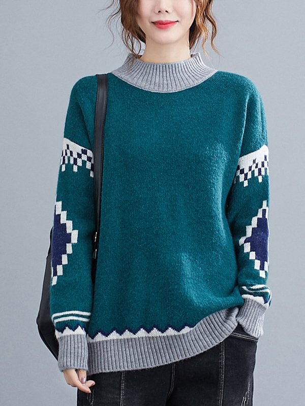 Artistic Retro Loose Color Matching High-Neck Long Sleeves Knitted Sweater Tops